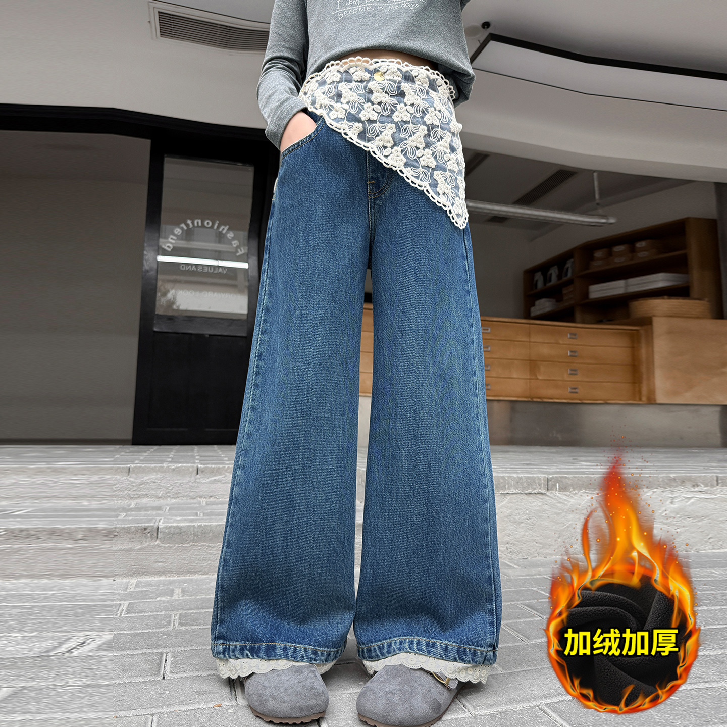 女童牛仔裤春秋款儿童阔腿裤子