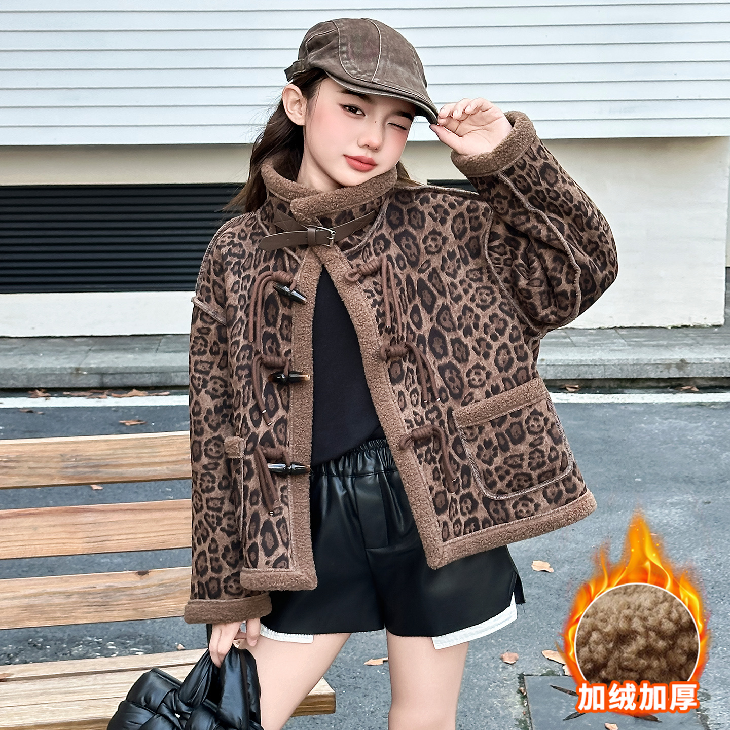 女童冬外套儿童豹纹皮毛一体上衣