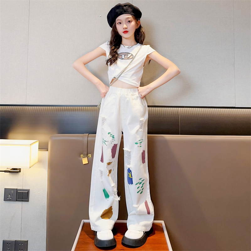 女童裤子春秋款2025新款儿童牛仔裤春装女大童阔腿裤休闲长裤白色