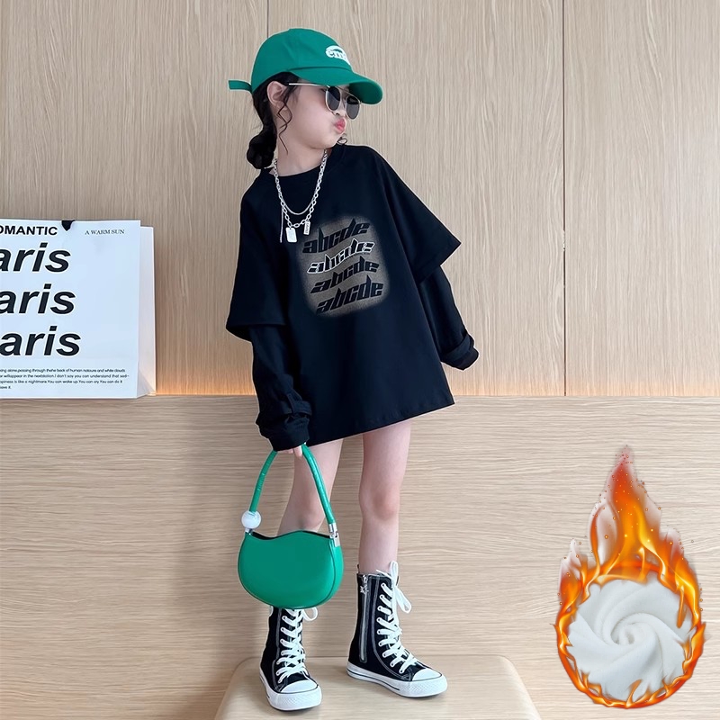 半咖圆领休闲长袖假两件T恤洋气