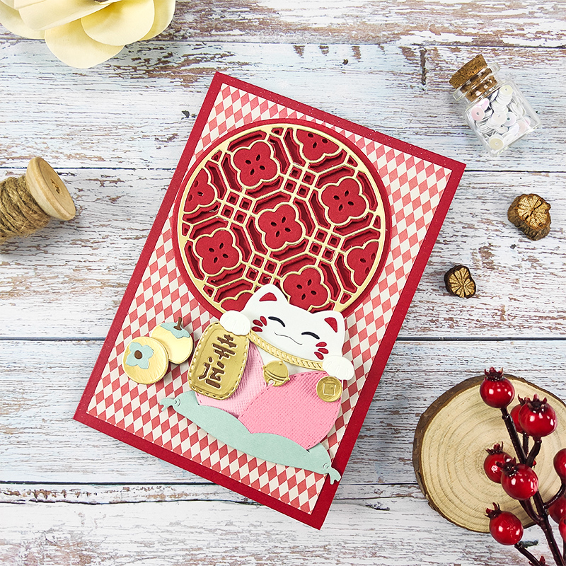 papus招财猫刀模新年贺卡花纹