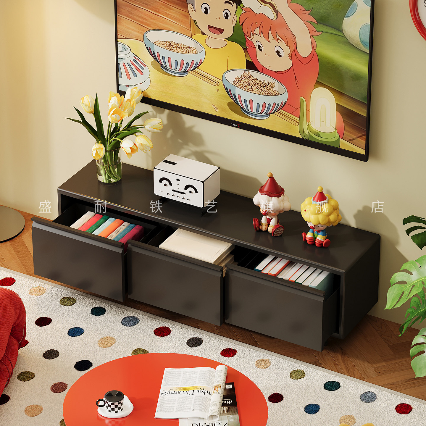 黑色中古风电视柜家用客厅铁艺收纳柜储物柜小户型卧室落地柜边柜