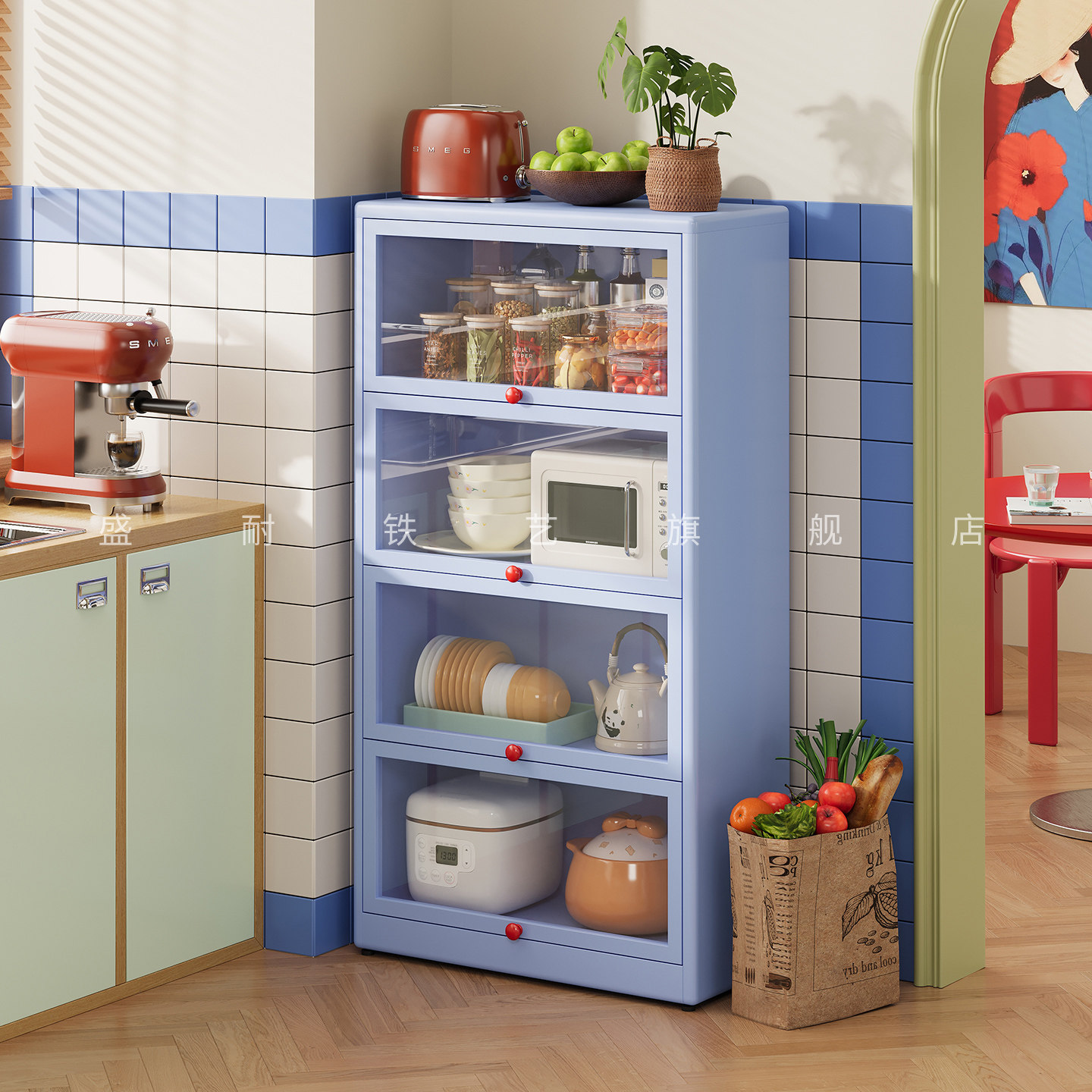 厨房置物架落地多层微波炉烤箱多功能家用餐边柜防尘带门收纳橱柜