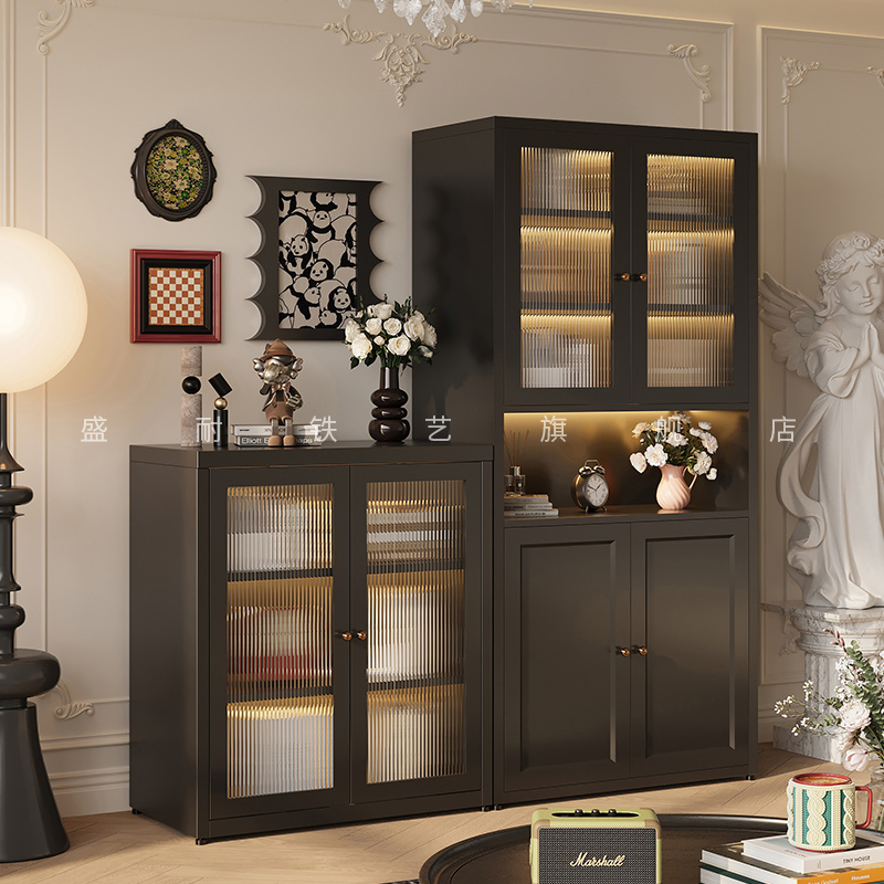 美式矮书柜黑色落地书柜组合柜钢制书架客厅玻璃展示柜中古风矮柜