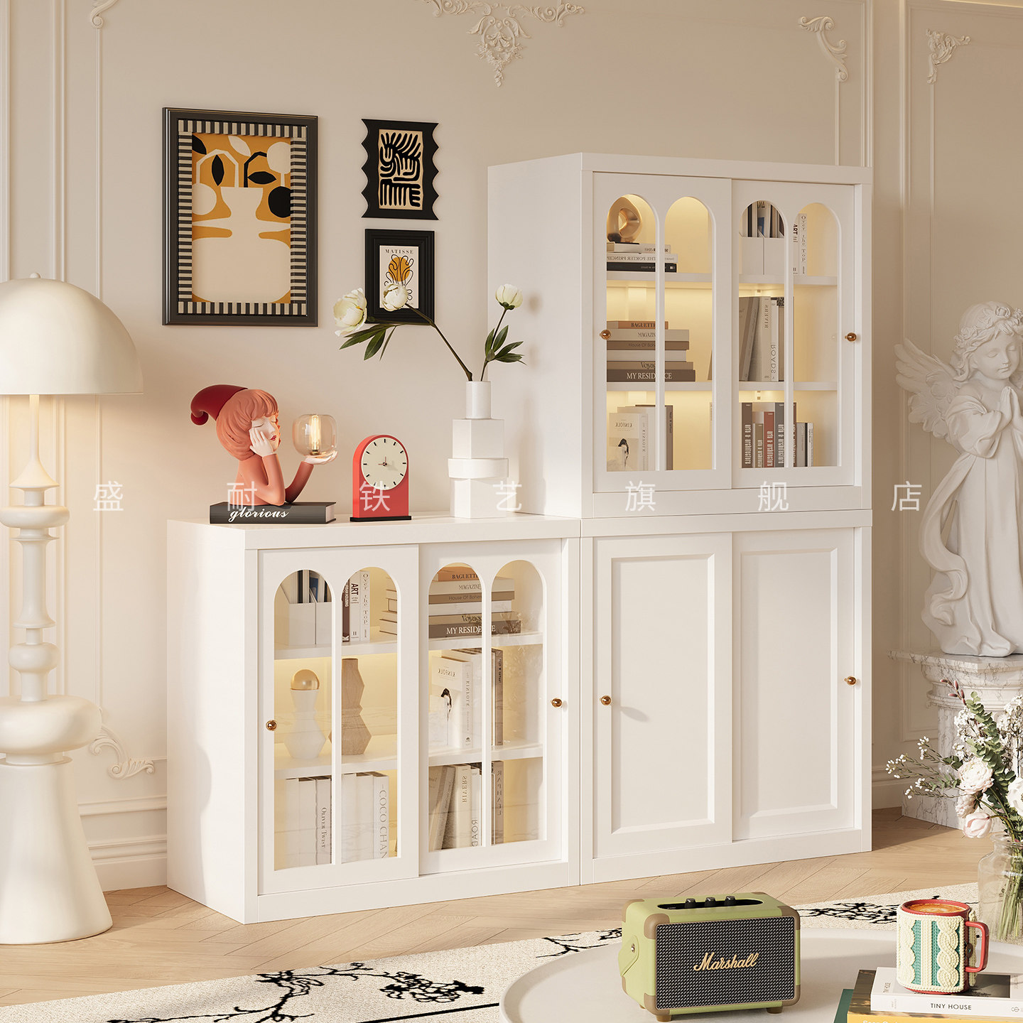 新款铁艺推拉门组合书柜玩具展示置物架收纳柜落地书橱客厅储物柜