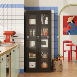中古风钢制厨房置物架家用多层落地带门防尘铁皮柜储物柜收纳架子