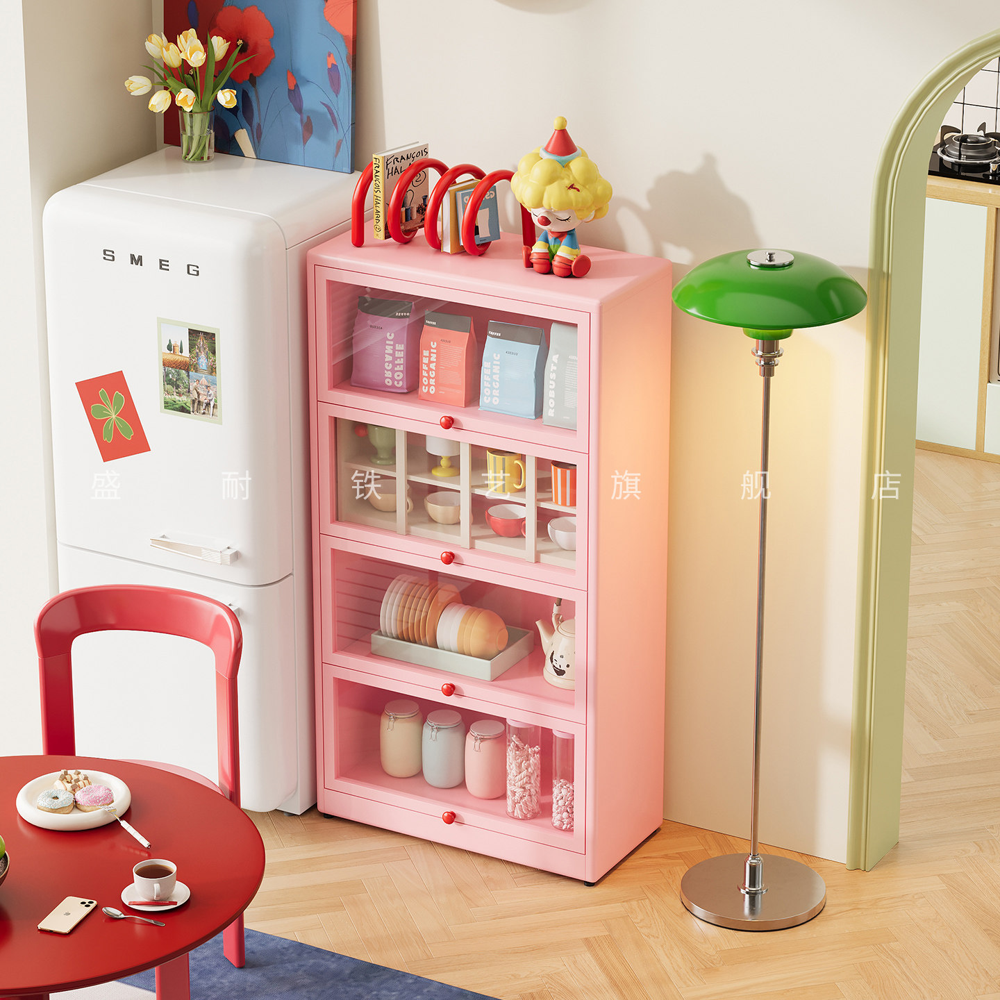 厨房钢制简约靠墙餐边柜储物柜一体落地带门防尘收纳铁皮柜置物架