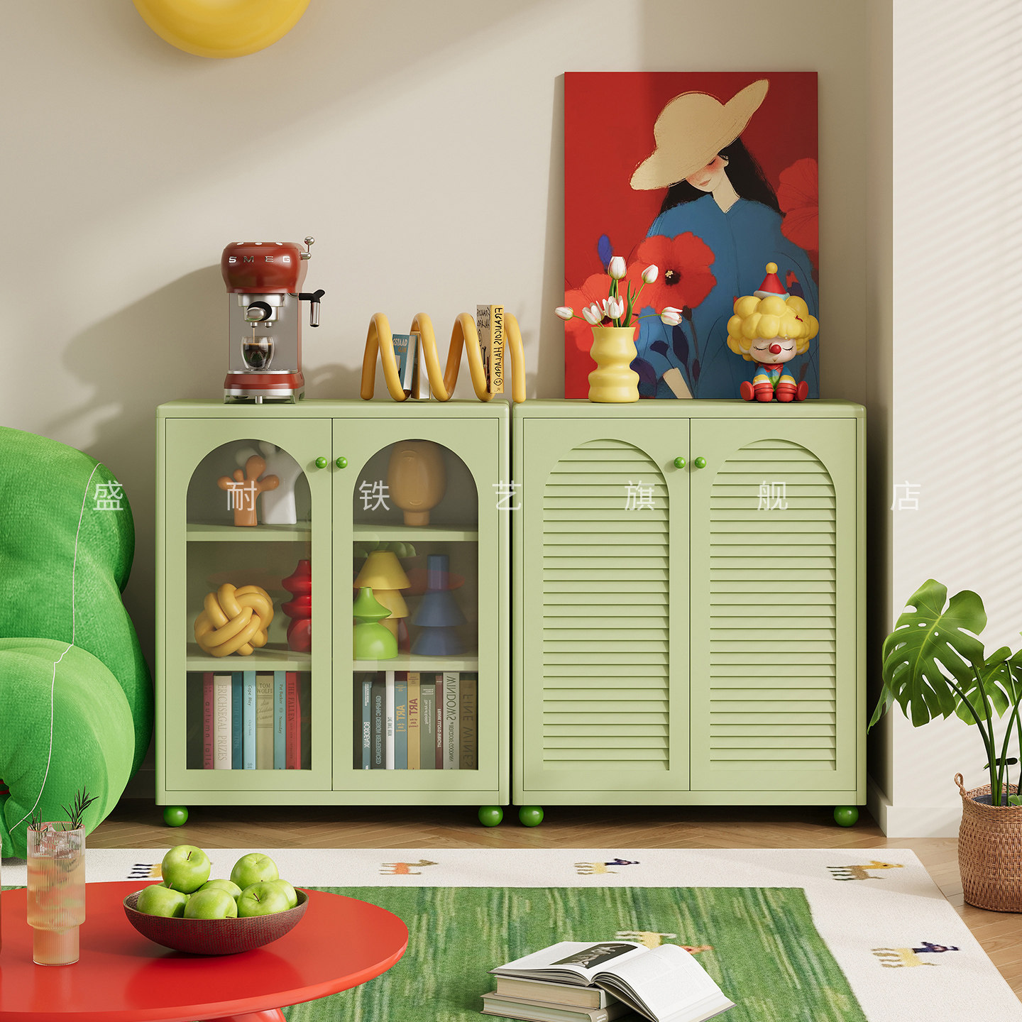 绿色中古风钢制书柜学生家用开放式落地多功能书架展示柜储物柜子