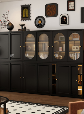 复古黑色推拉玻璃门手办柜展示柜铁艺客厅模型储物收纳柜书柜书架