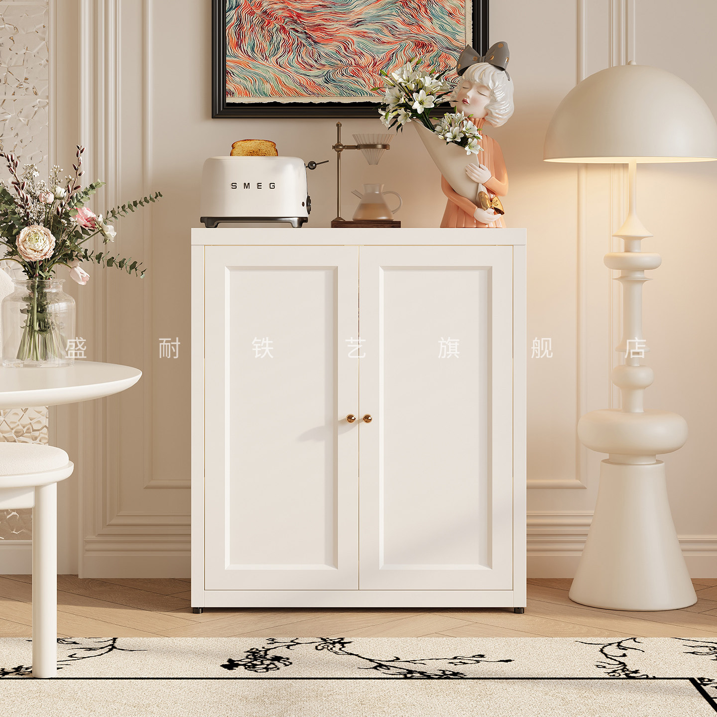 新款法式简约铁艺餐边柜客厅靠墙储物柜大容量收纳置物柜茶水柜子