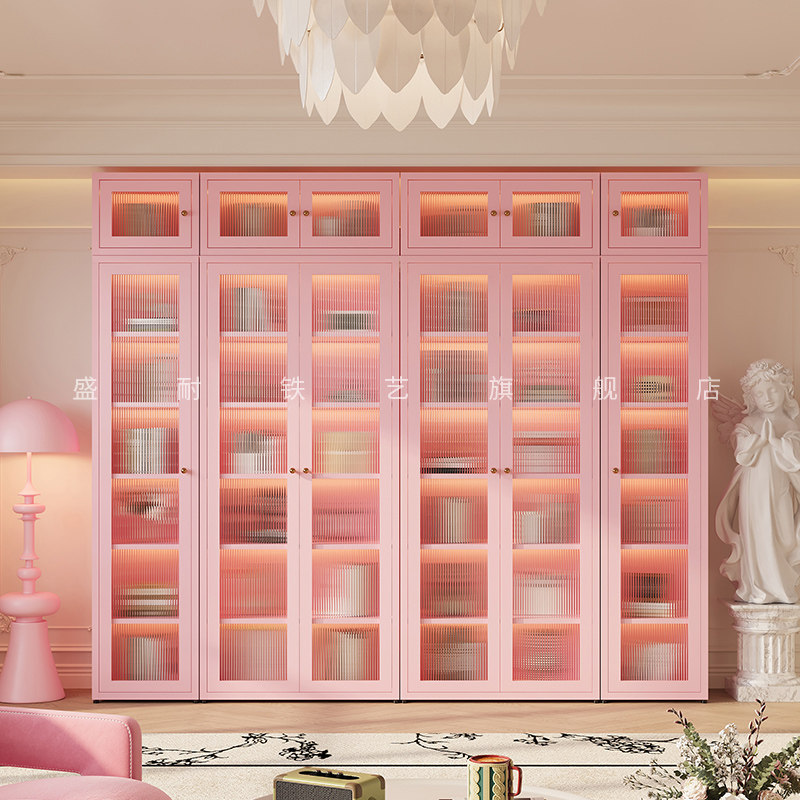 网红2.4米高长虹玻璃书柜顶柜组合法式奶油风儿童书架客厅展示柜