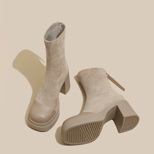 高跟短靴女2025新款 靴子 秋冬加绒瘦瘦靴真皮厚底绒面粗跟配大衣