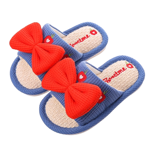 儿童四季亚麻拖鞋女童可爱蝴蝶结家居防滑厚底亲子宝宝棉麻拖鞋