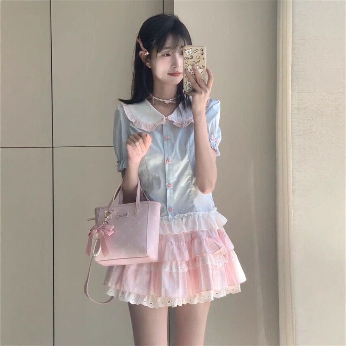 法式可爱学院风蓝撞粉色