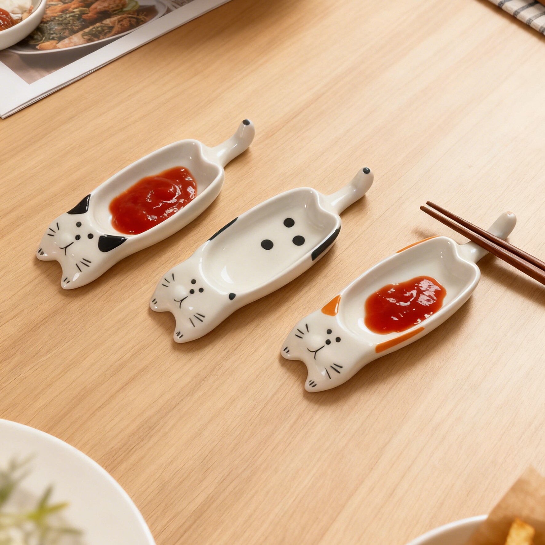 时器 猫咪蘸料碟 手绘釉下彩 陶瓷味碟筷托筷架 zakka日式ins可爱