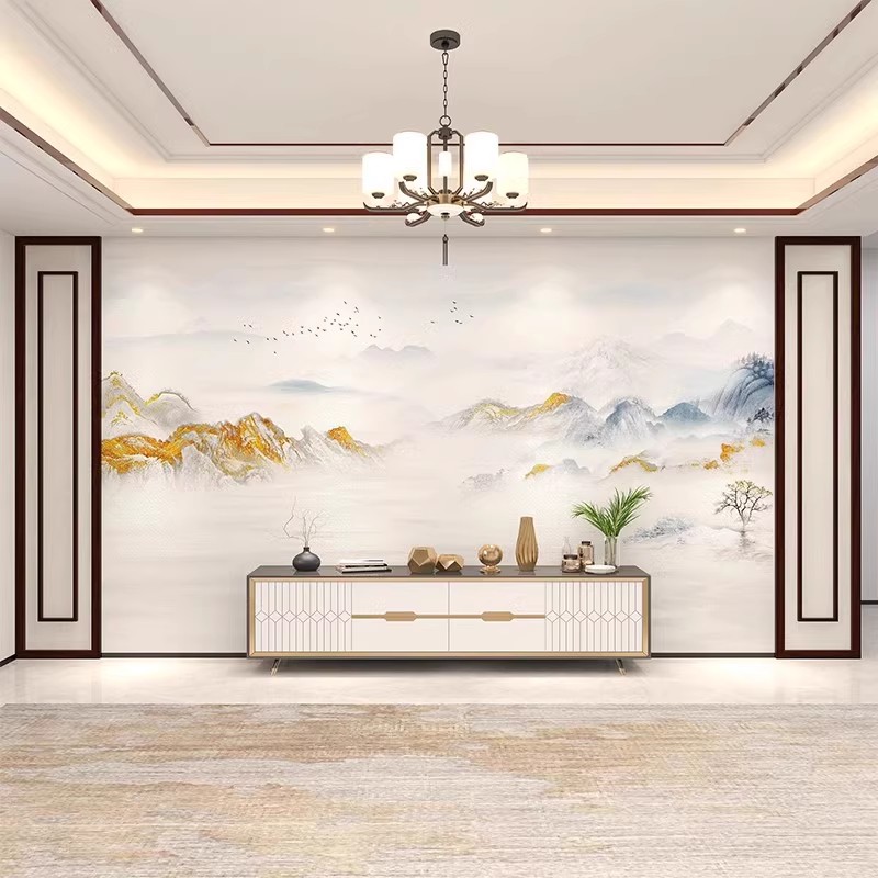3d立体墙纸新中式水墨山水背景墙