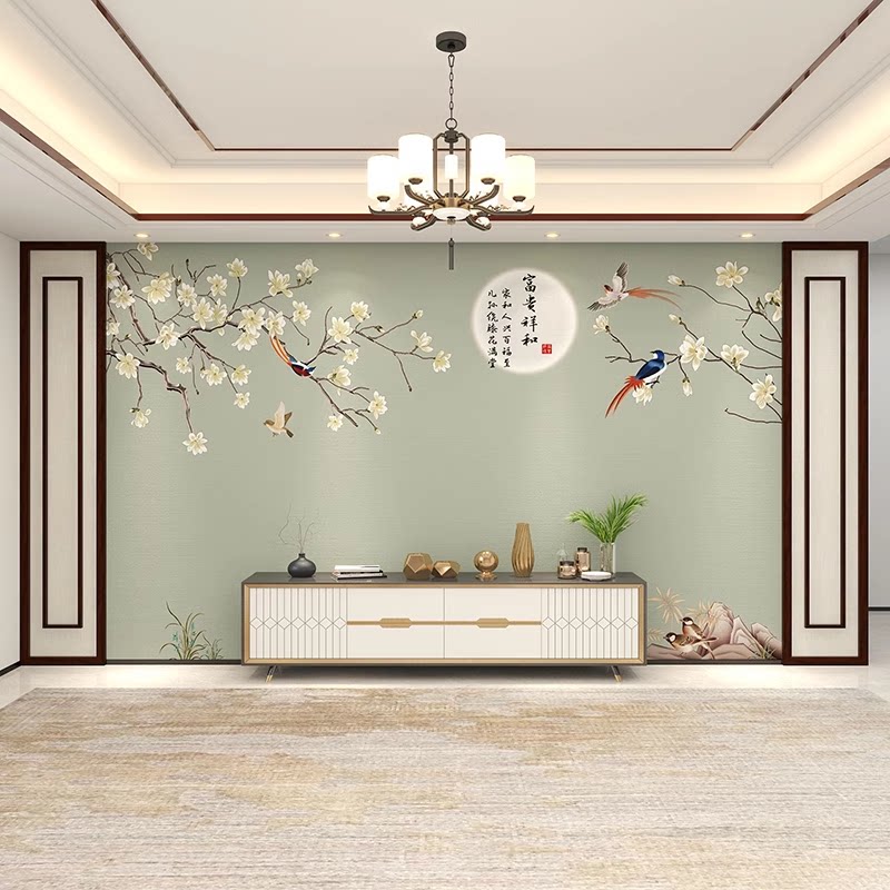 现代简约新中式3d玉兰花鸟电视机背景墙壁纸客厅影视墙布装饰壁画
