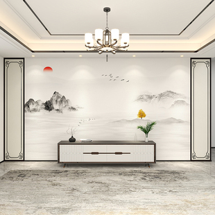 新中式 客厅电视墙布沙发影视墙壁纸书房壁画定制水墨山水画背景墙