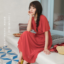 茵曼夏装新款纯色交叉V领收腰显瘦中长裙短袖桑蚕丝真丝连衣裙女图片