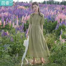 茵曼夏装新款圆领复古文艺绣花百搭收腰显瘦A字真丝连衣裙女图片