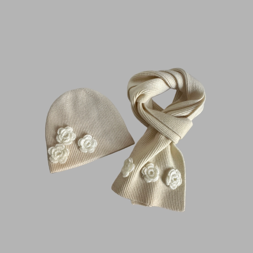 手工钩针花朵女士羊毛堆堆帽冷帽套头帽加围巾2件套秋冬时髦精致