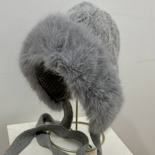 兔毛皮草帽护耳帽加厚保暖飘带公主帽滑雪北方灰色白色风雪帽子女
