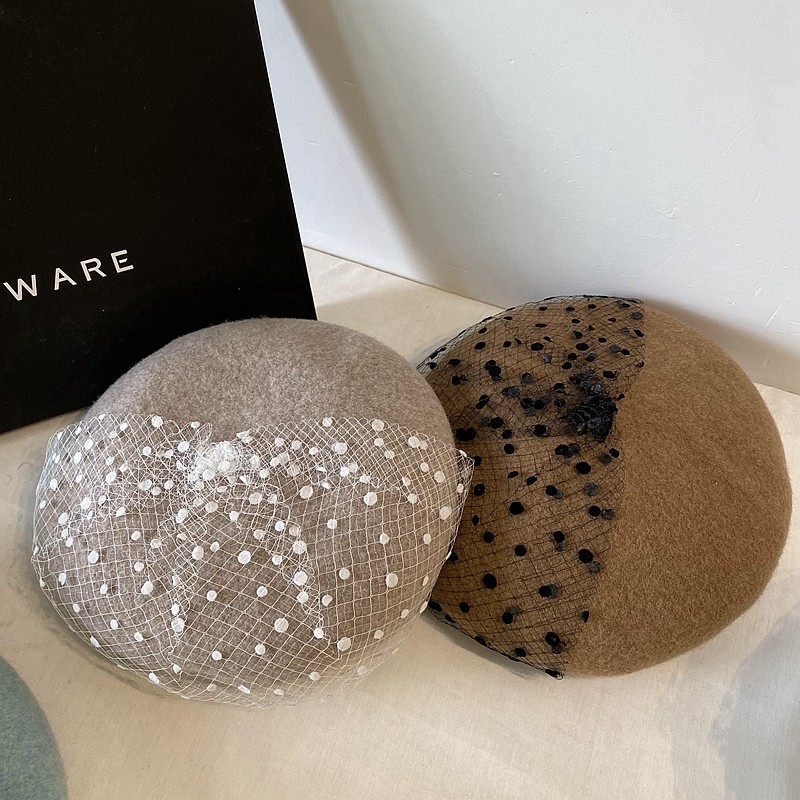 日本贝雷帽女羊毛网纱紫色可爱时尚韩版英伦复古蓓蕾帽保暖帽子