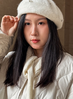 珍珠带钻装饰女士白色兔毛羊毛贝雷帽减龄优雅精致显脸小保暖帽子