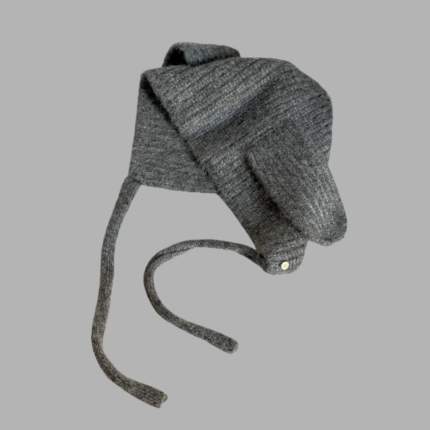 带长耳朵宽减龄女士灰色毛线帽护耳帽针织帽秋冬保暖带飘带绳子