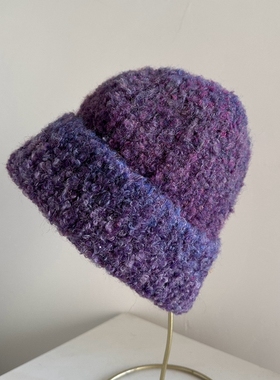 蓝色紫色女士卷边毛线帽针织帽冬季滑雪帽复古日系显脸小渐变混线