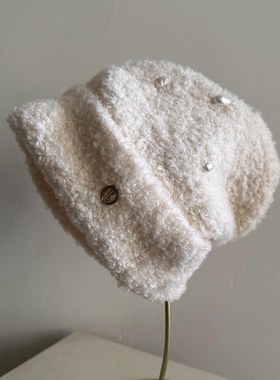 羊毛混纺圈圈纱白色手工珍珠卷边毛线帽保暖针织帽感洋气精致