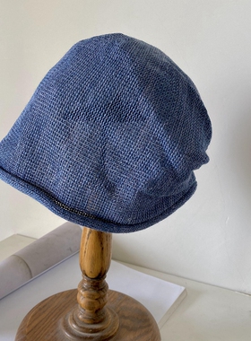 春夏薄款透气亚麻草编堆堆帽日系文艺包头帽蓝色女士韩版优雅显瘦