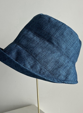 复古蓝色米色秋季遮阳帽优雅日本洋气渔夫帽卷边盆帽女士夏季透气