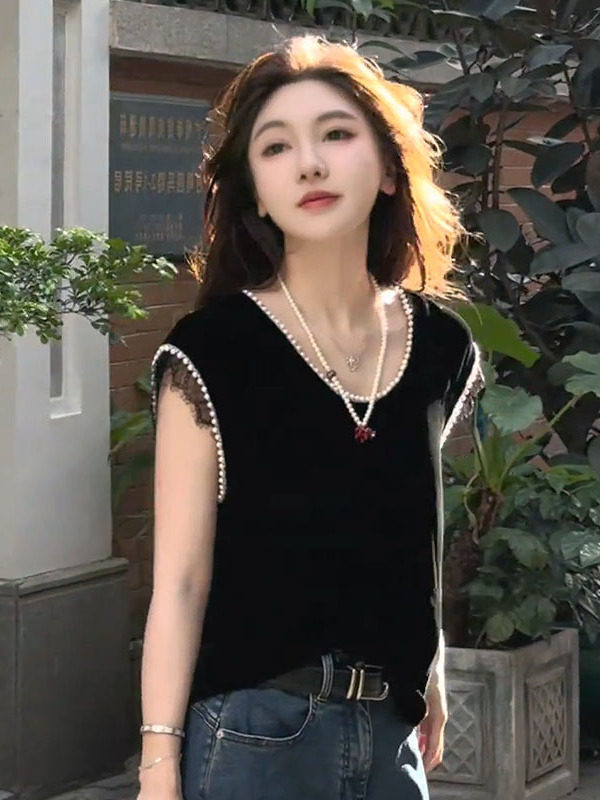 黑色花边蕾丝钉珠无袖T恤女2025夏季新款高级感宽松圆领百搭上衣