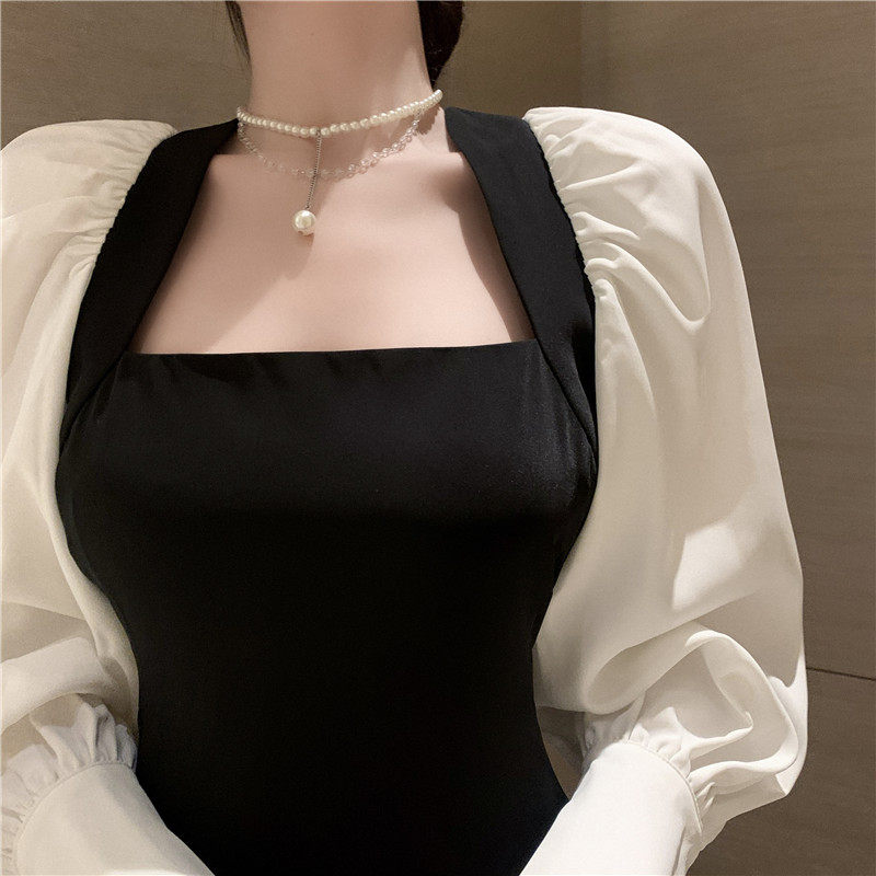 가을 여성 의류 하이 엔드 가벼운 럭셔리 연예인 기질 여신 스타일 허리 슬리밍 햅번 스타일 리틀 블랙 스커트 스퀘어 넥 드레스