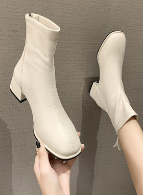 软皮中跟米色小短靴女2025新款春秋百搭马丁靴时尚方头粗跟瘦瘦靴