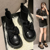 厚底马丁靴女英伦风针织弹力袜靴蝴蝶结连袜短靴瘦瘦靴春秋袜子鞋