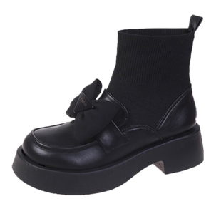 厚底马丁靴女英伦风针织弹力袜靴蝴蝶结连袜短靴瘦瘦靴春秋袜子鞋