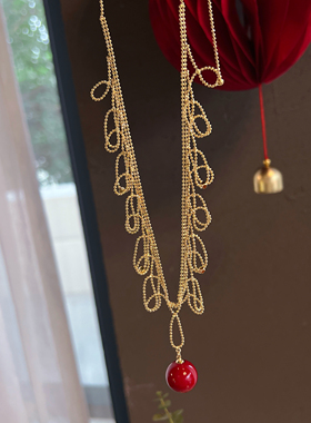 高级精工蕾丝项链金色花边蕾丝毛衣链抽拉链圆形红色宫廷风项链女