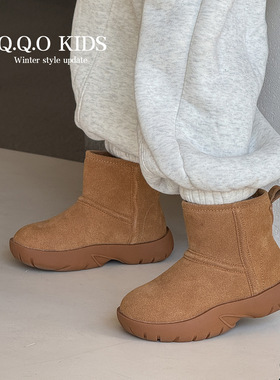 亲子冬新款儿童真皮雪地靴防水男童加厚保暖短靴女童加绒防滑棉靴