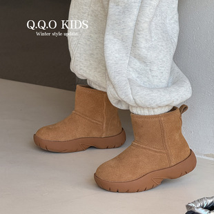 亲子冬新款儿童真皮雪地靴防水男童加厚保暖短靴女童加绒防滑棉靴