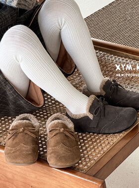 冬季新款儿童韩版蝴蝶结加绒勃肯鞋女童真皮棉鞋小女孩二棉公主鞋