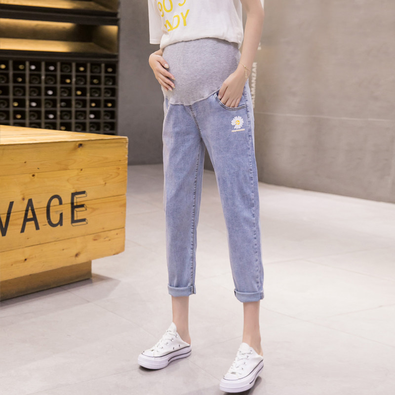 孕妇装牛仔裤夏季2020新款外穿薄款浅色哈伦裤八分托腹九分裤夏天