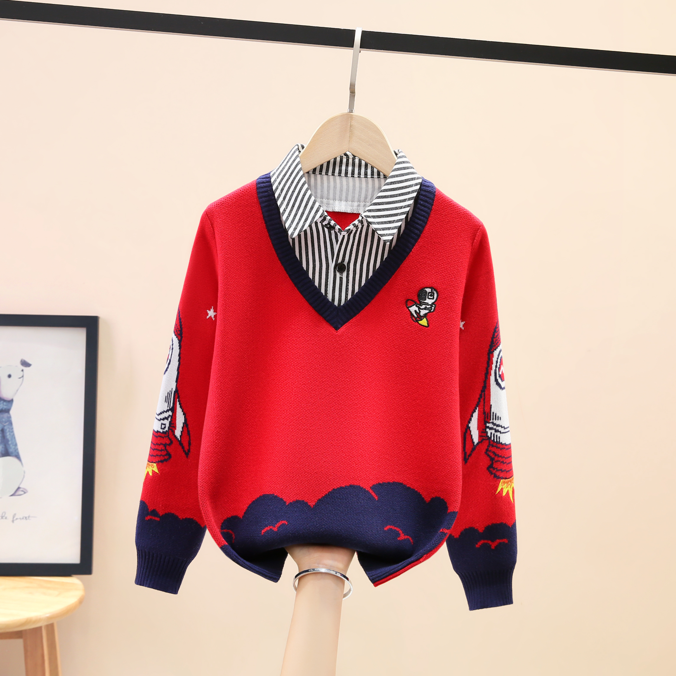 领假两件纯棉线衣男孩加厚针织衫