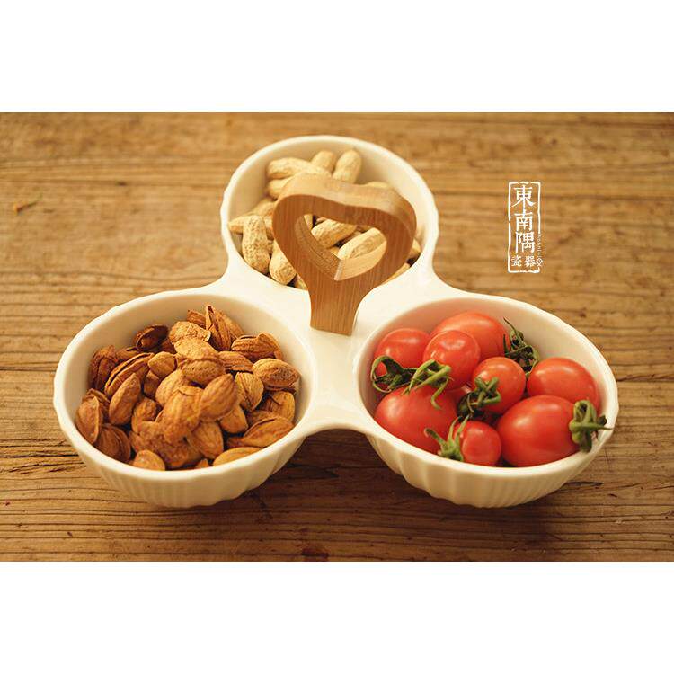纯白陶瓷多格分格一体手拎早餐下午茶干果盘 茶楼饭厅 早餐果盘