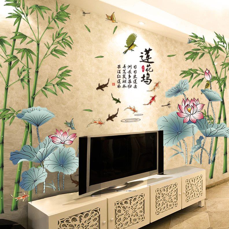 3d立体背景墙贴纸中国风客厅植物花鸟山水墨画墙面装饰布置自粘图片