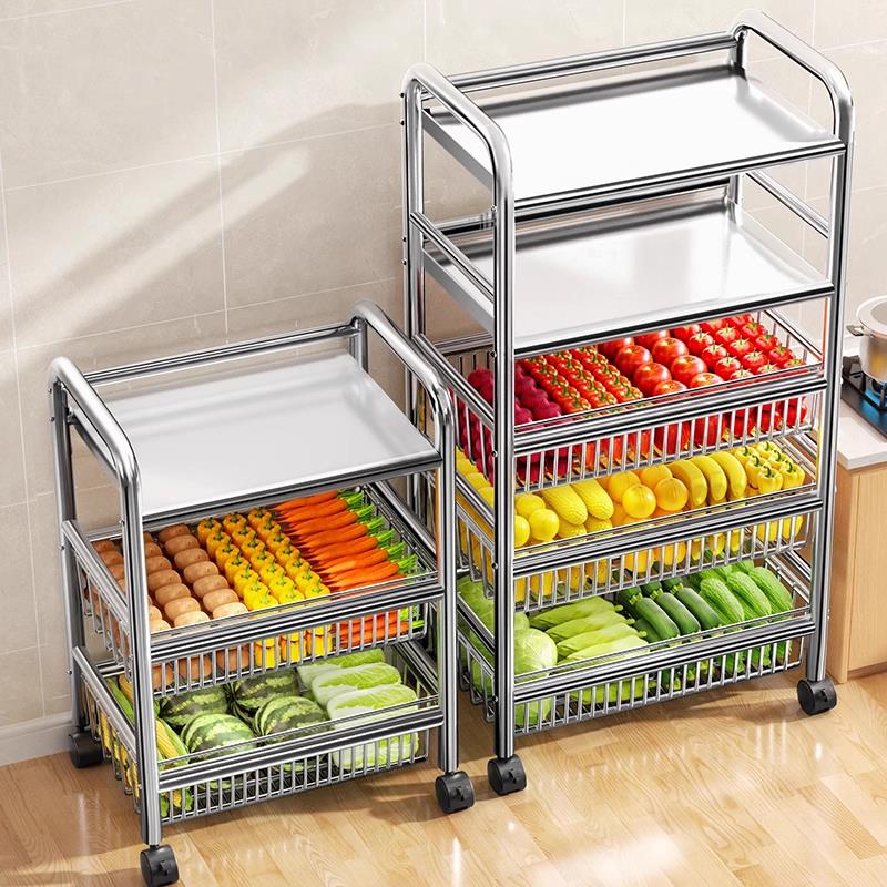 日本304不锈钢菜篮子厨房置物架带轮厨房用品小推车货架加厚加粗