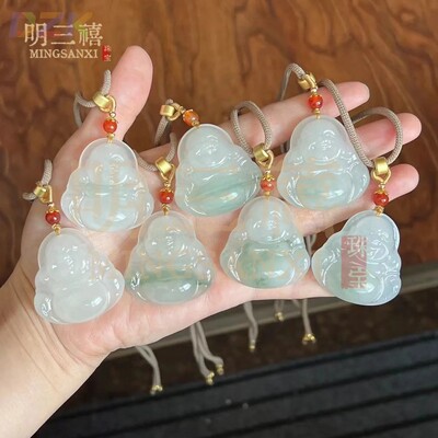 新疆天山翠玉石佛公吊坠大肚佛挂件飘花弥勒佛翡翠色飘花金丝玉c5