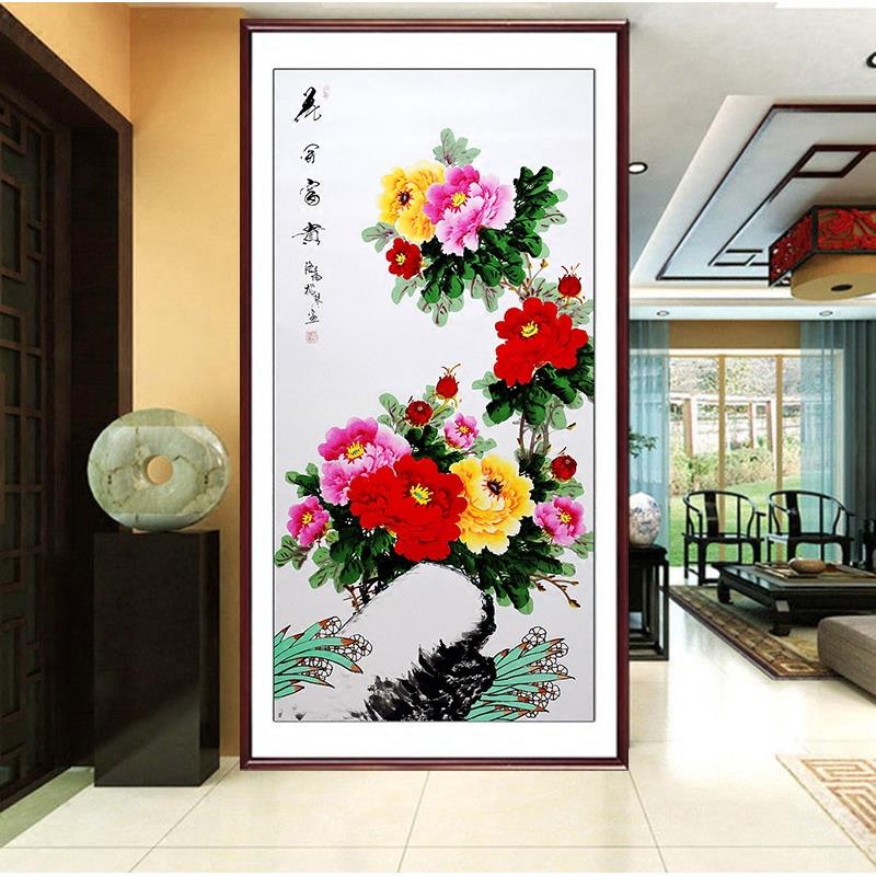 客厅卧室新中式玄关装饰国画牡丹中堂挂壁画洛阳花鸟手绘真迹竖版