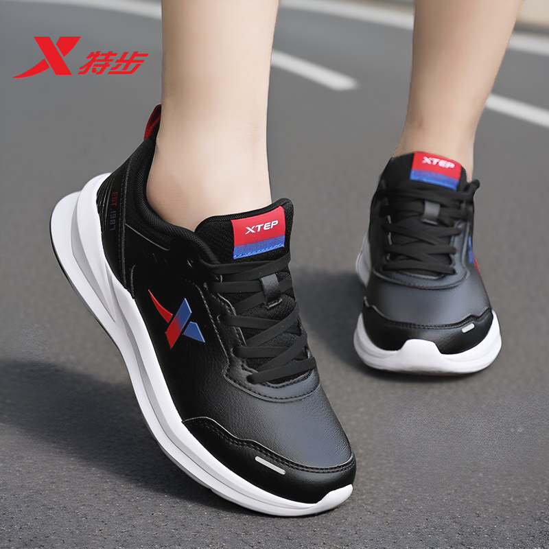 特步女鞋皮面运动鞋软底跑步鞋子